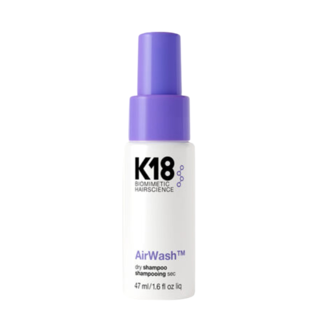 A product shot of the K18 Airwash Dry Shampoo, on a white background