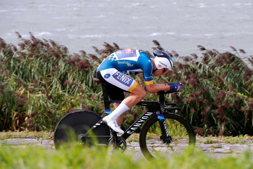 LELYSTAD NETHERLANDS AUGUST 31 Tim Merlier of Belgium and Team AlpecinFenix Blue Leader Jersey competes during the 17th Benelux Tour 2021 Stage 2 a 111km Individual Time Trial stage from Lelystad to Lelystad ITT BeneluxTour on August 31 2021 in Lelystad Netherlands Photo by Bas CzerwinskiGetty Images