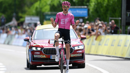 SAINT-ISMIER, FRANCE - JUNE 07: Alex Baudin of France and Team EF Education - EasyPost celebrates at finish line as stage winner during the 78th Tour Auvergne-Rhone-Alpes 2026, Stage 1 a 146.2km stage from Vizille to Saint-Ismier / #UCIWT / on June 07, 2026 in Saint-Ismier, France. (Photo by Dario Belingheri/Getty Images)