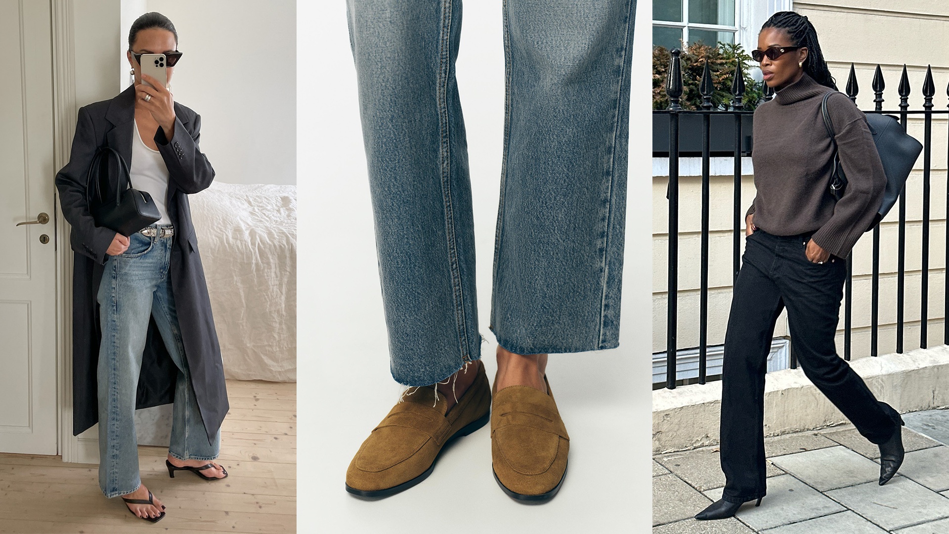 fashion collage featuring three fall 2025 outfit ideas with trending shoes styles including Johanna Piispa in black flip-flop kitten heels, a Zara model shot with tan suede loafers, and Marilyn Nwawulor-Kazemaks wearing black pointed-toe kitten heel boots