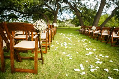 Flowers strewn at a wedding.