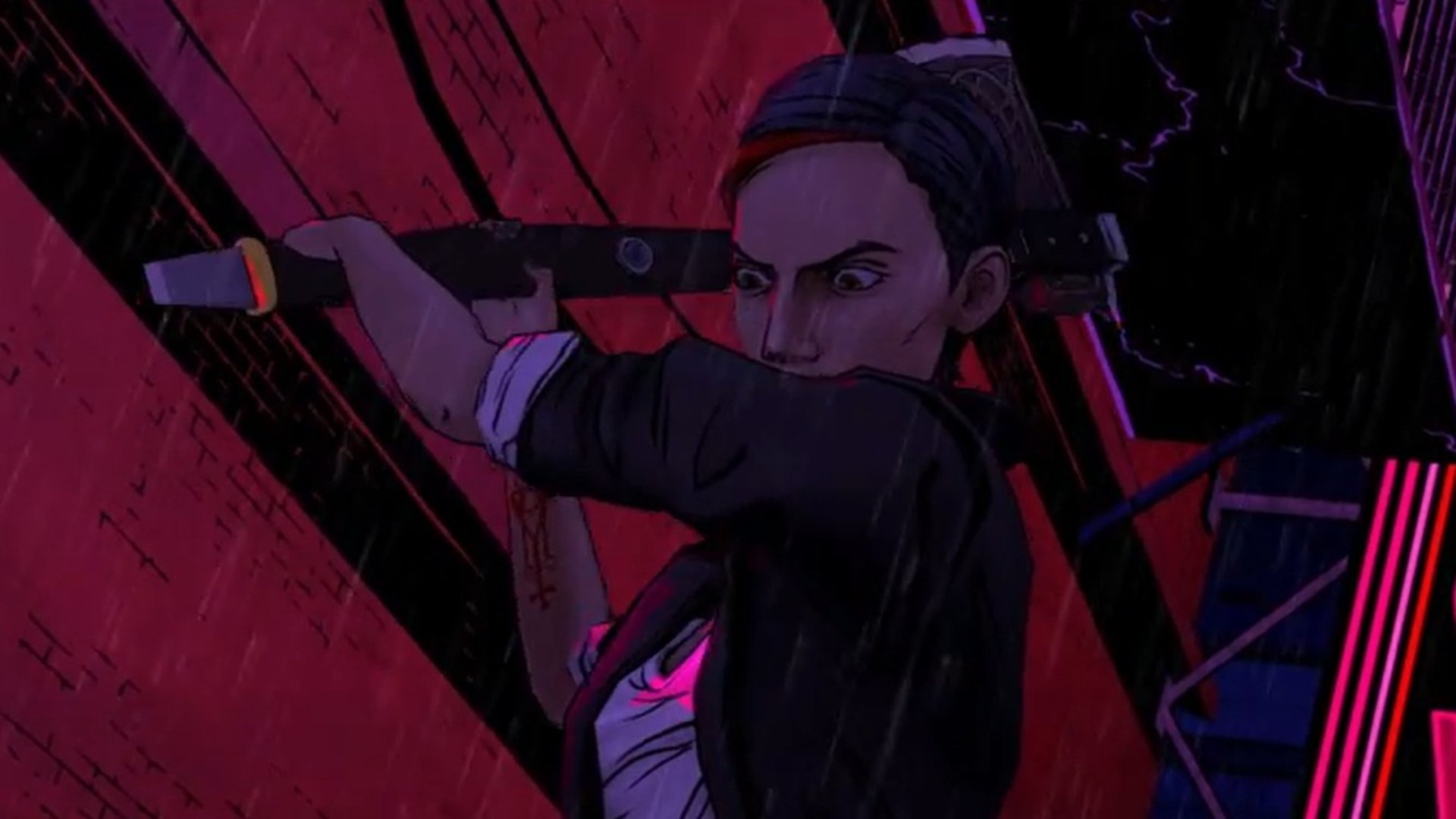 The Wolf Among Us screenshot of Bloody Mary, a woman with short hair with a red stripe, raising an axe as if to attack