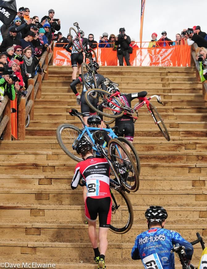 Junior Men chase Peter Geguen (Race CF) up the stairs