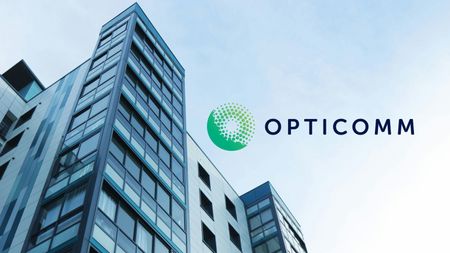 Apartment building with Opticomm logo to the left