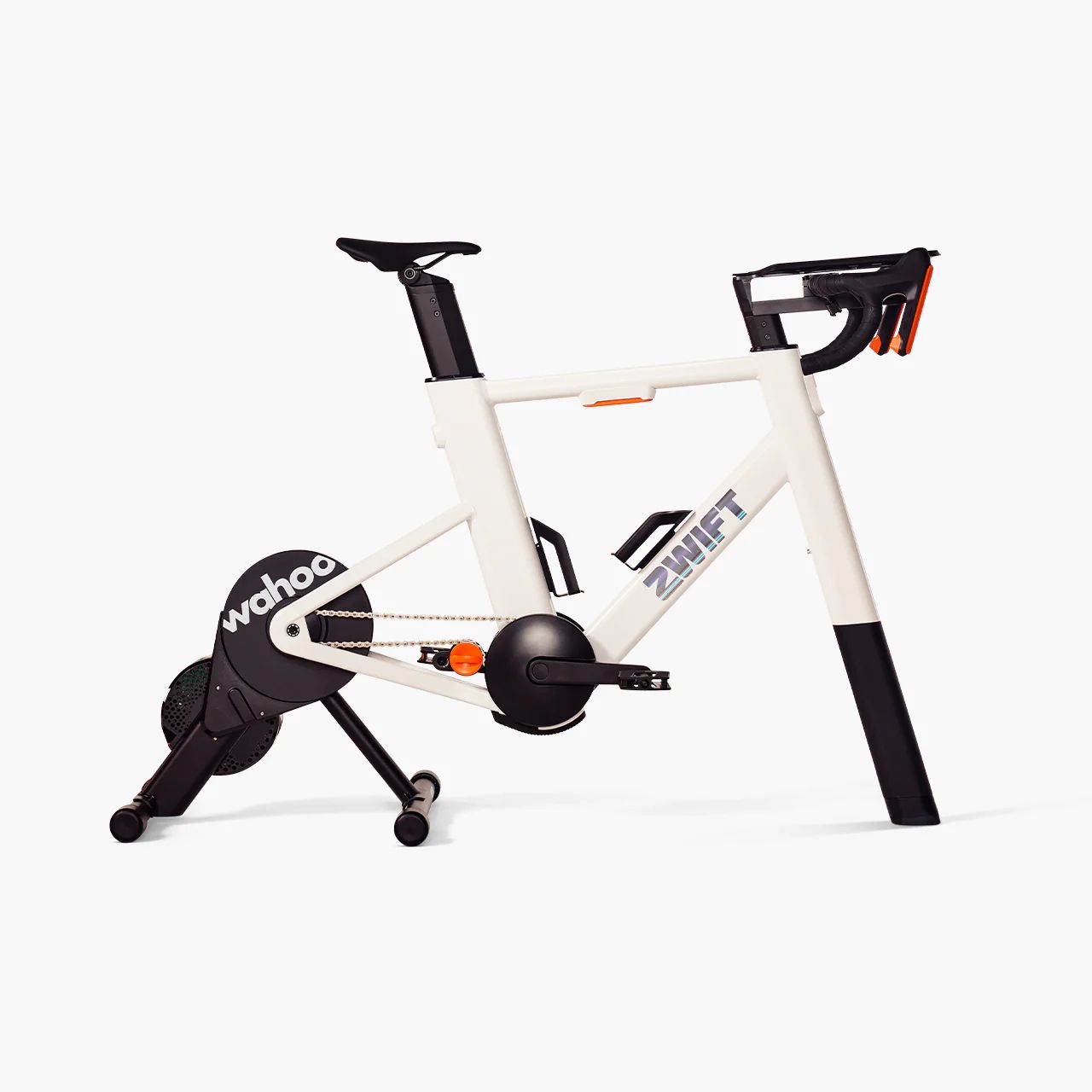 a zwift ride with wahoo kickr core in white and orange rated as our best budget indoor smart bike