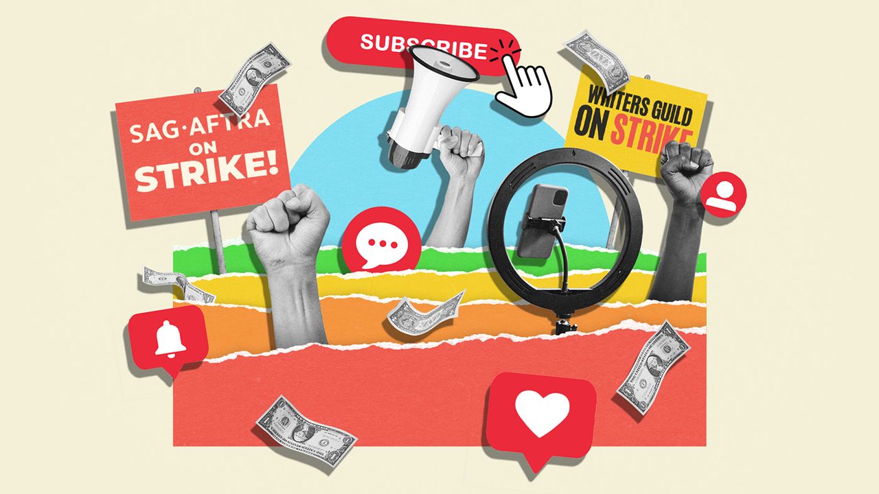 Illustration of social media and union strike imagery