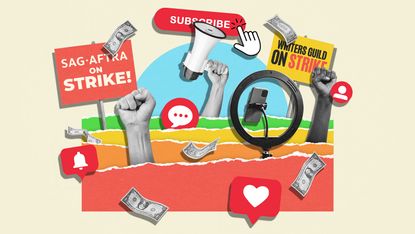 Illustration of social media and union strike imagery