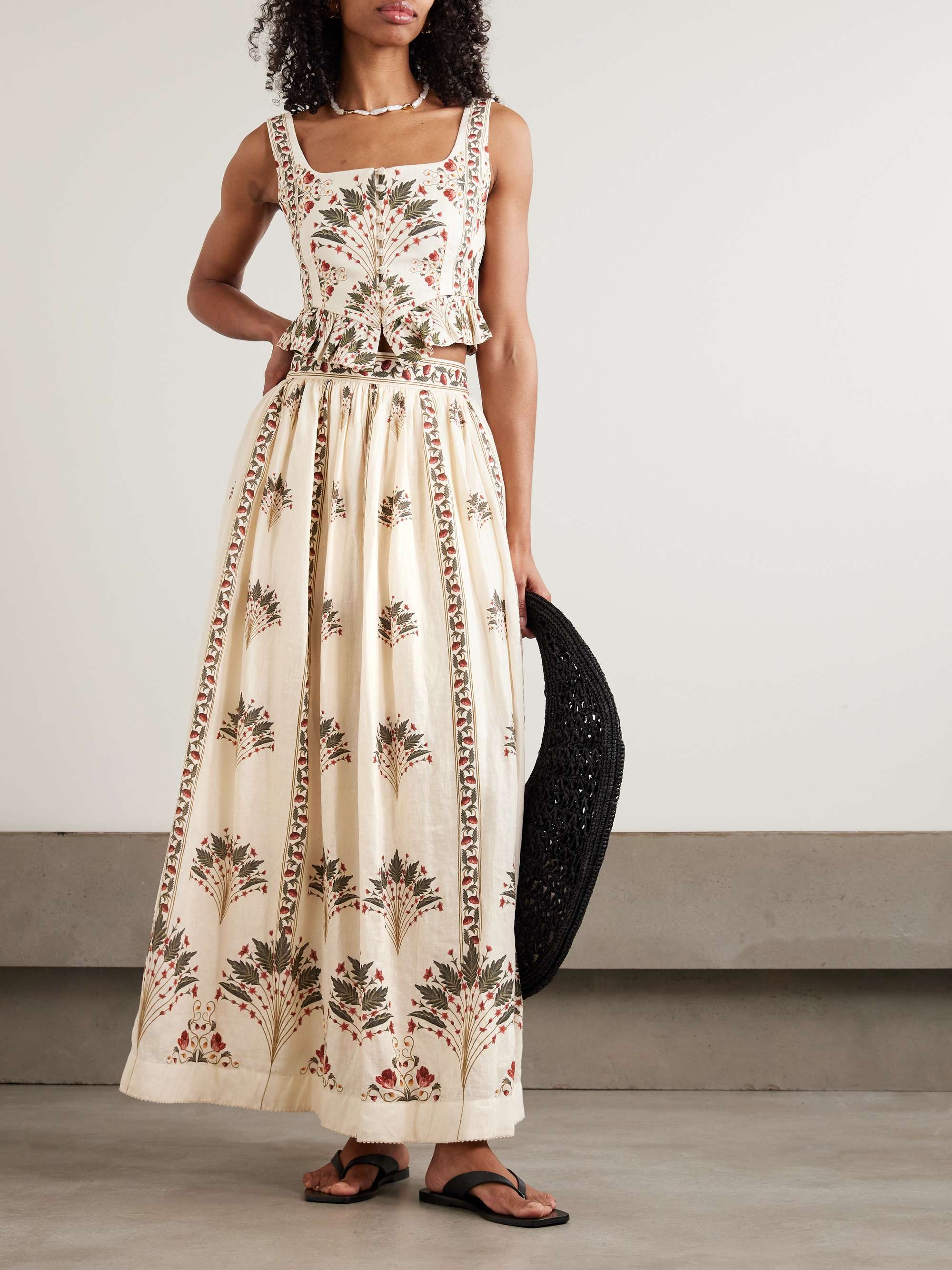 Ocaso Tangelo Andes Pleated Floral-Print Linen Maxi Skirt