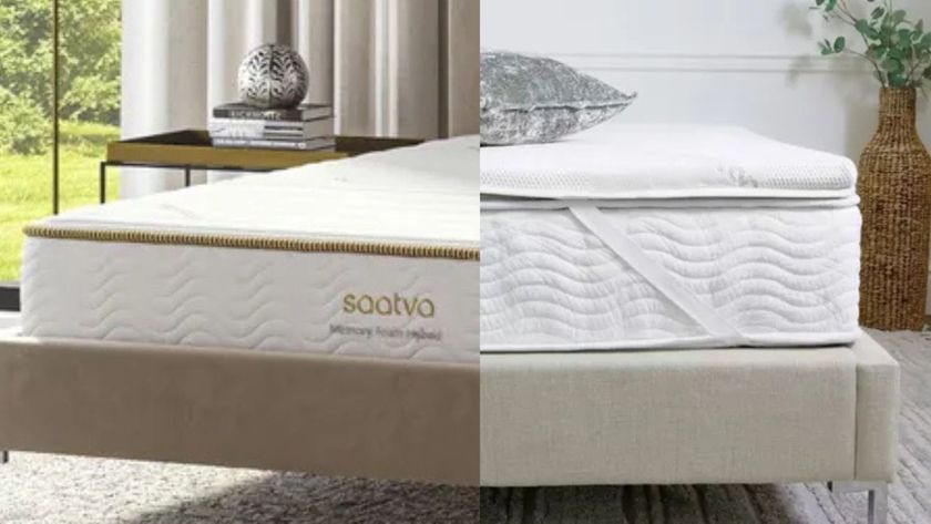 A split screen of a Saatva mattress vs topper