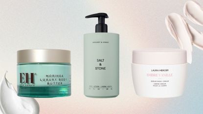 Lineup of three best-smelling body lotions (L-R) from Emma Hardie, Salt & Stone and Laura Mercier on pastel watercolour background with cream swatches