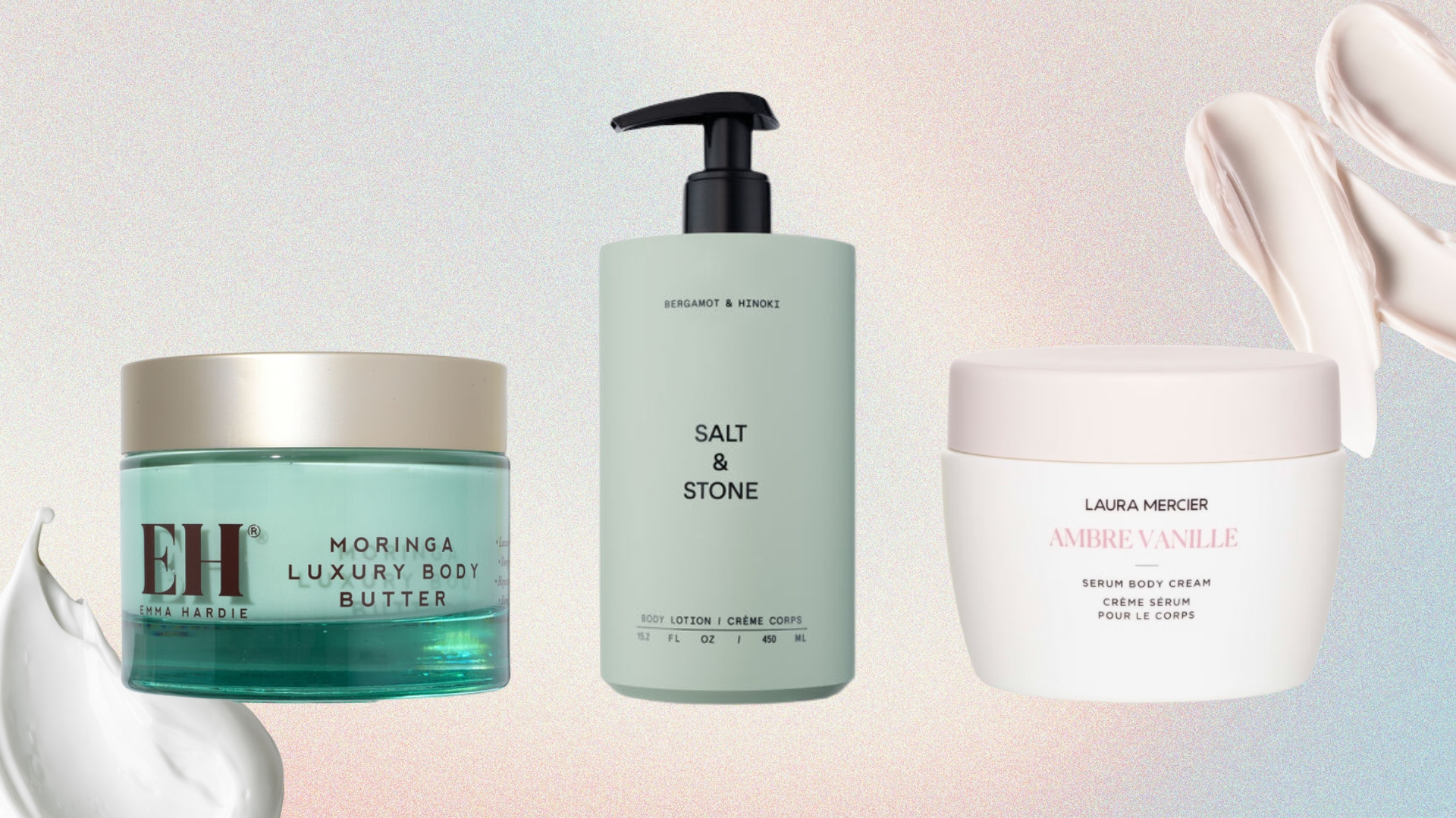 Lineup of three best-smelling body lotions (L-R) from Emma Hardie, Salt &amp; Stone and Laura Mercier on pastel watercolour background with cream swatches