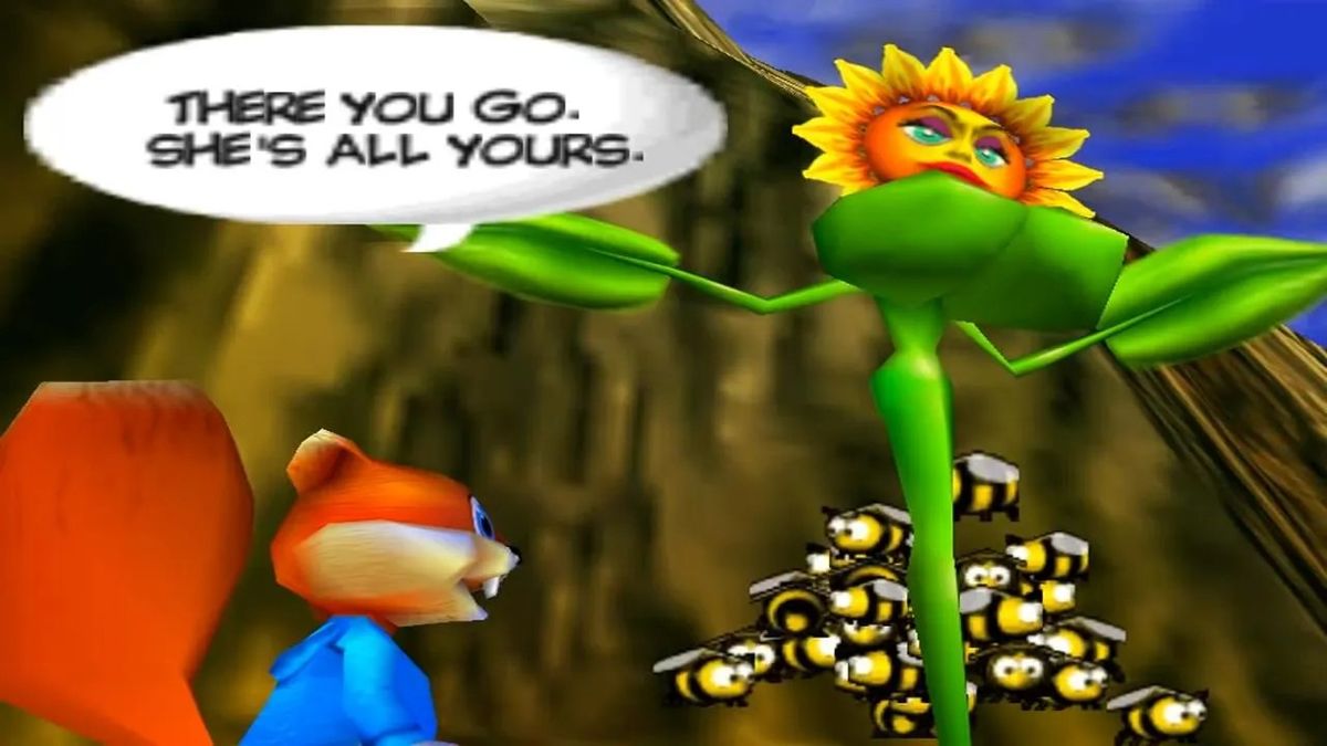 Screenshot from Conker&#039;s Bad Fur Day showing the squirrel&#039;s interaction with the giant sunflower lady.