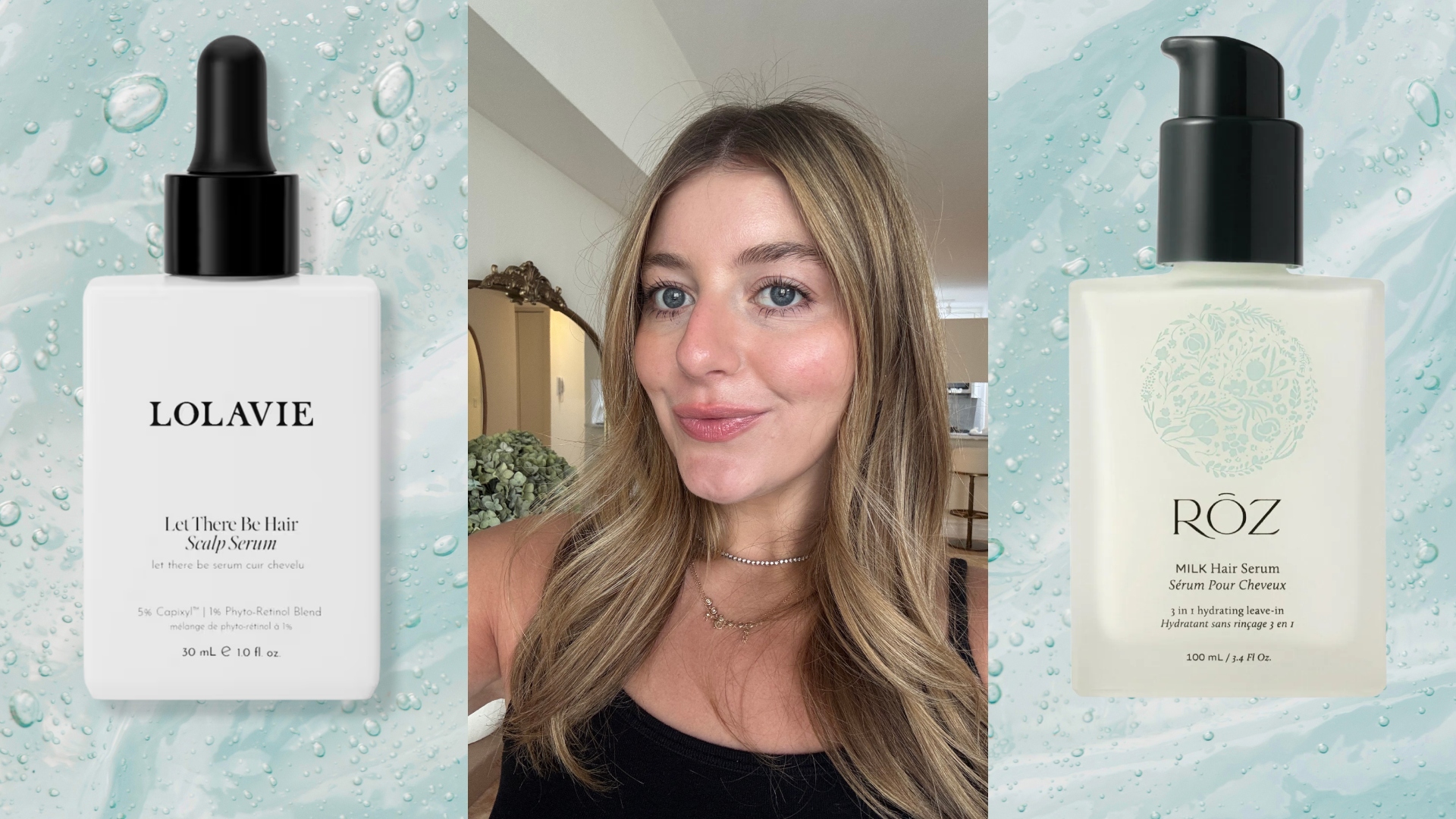girl with shiny fine brown hair on a blue background next to two white bottles of hair serums