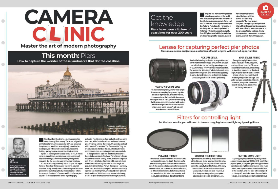 Image showing the first two pages of the Camera Clinic article in issue 308 (June 2026) of Digital Camera magazine, a 10-page masterclass about photographing pleasure piers at the seaside