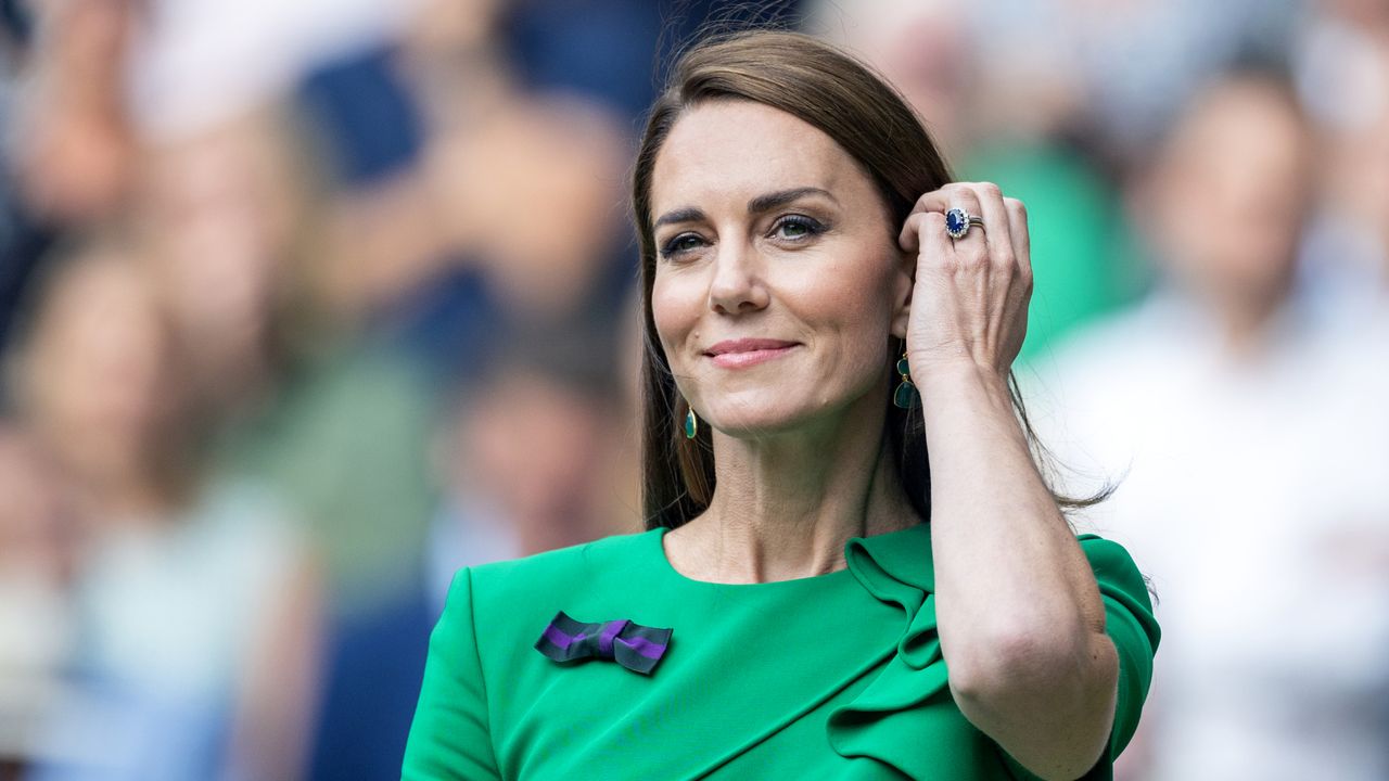 Catherine, Princess of Wales at the trophy presentations after the Gentlemen&#039;s Singles Final match on Centre Court during the Wimbledon Lawn Tennis Championships at the All England Lawn Tennis and Croquet Club at Wimbledon on July 16, 2023, in London, England