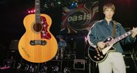 Noel Gallagher plays a Les Paul during a 1995 Oasis show. Inset, the "Wonderwall" Epiphone that has just sold for $96,000.