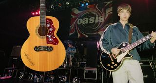 Noel Gallagher plays a Les Paul during a 1995 Oasis show. Inset, the "Wonderwall" Epiphone that has just sold for $96,000.