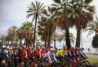 Riders including Team Visma-Lease a Bike's US rider Matteo Jorgenson (5thL) wearing the overall leader's yellow jersey cycle on the Promenade des Anglais in Nice prior to the start of the 7th stage of the Paris-Nice cycling race, 109,3 km between Nice and Auron, on March 15, 2025. (Photo by Anne-Christine POUJOULAT / AFP)