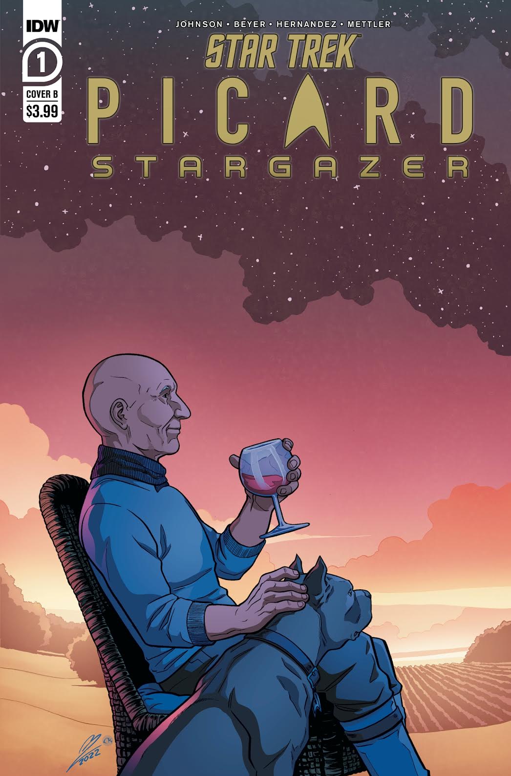Star Trek's Jean-Luc Picard in a chair sipping wine in an alternate cover for Star Trek: Picard - Stargazer #1.
