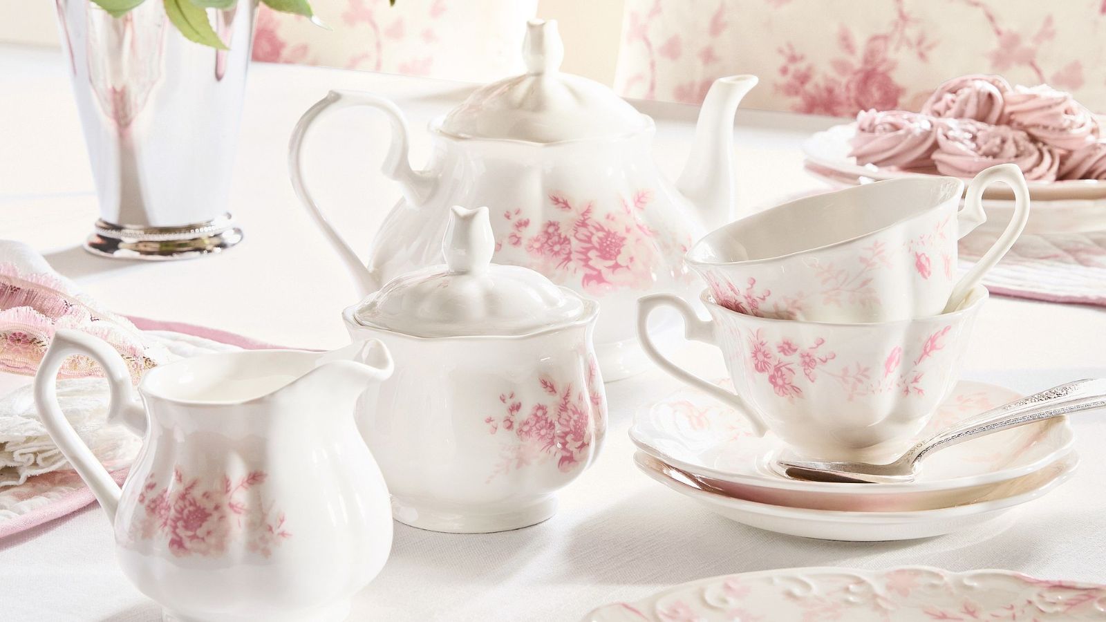 Pink and white china tea set