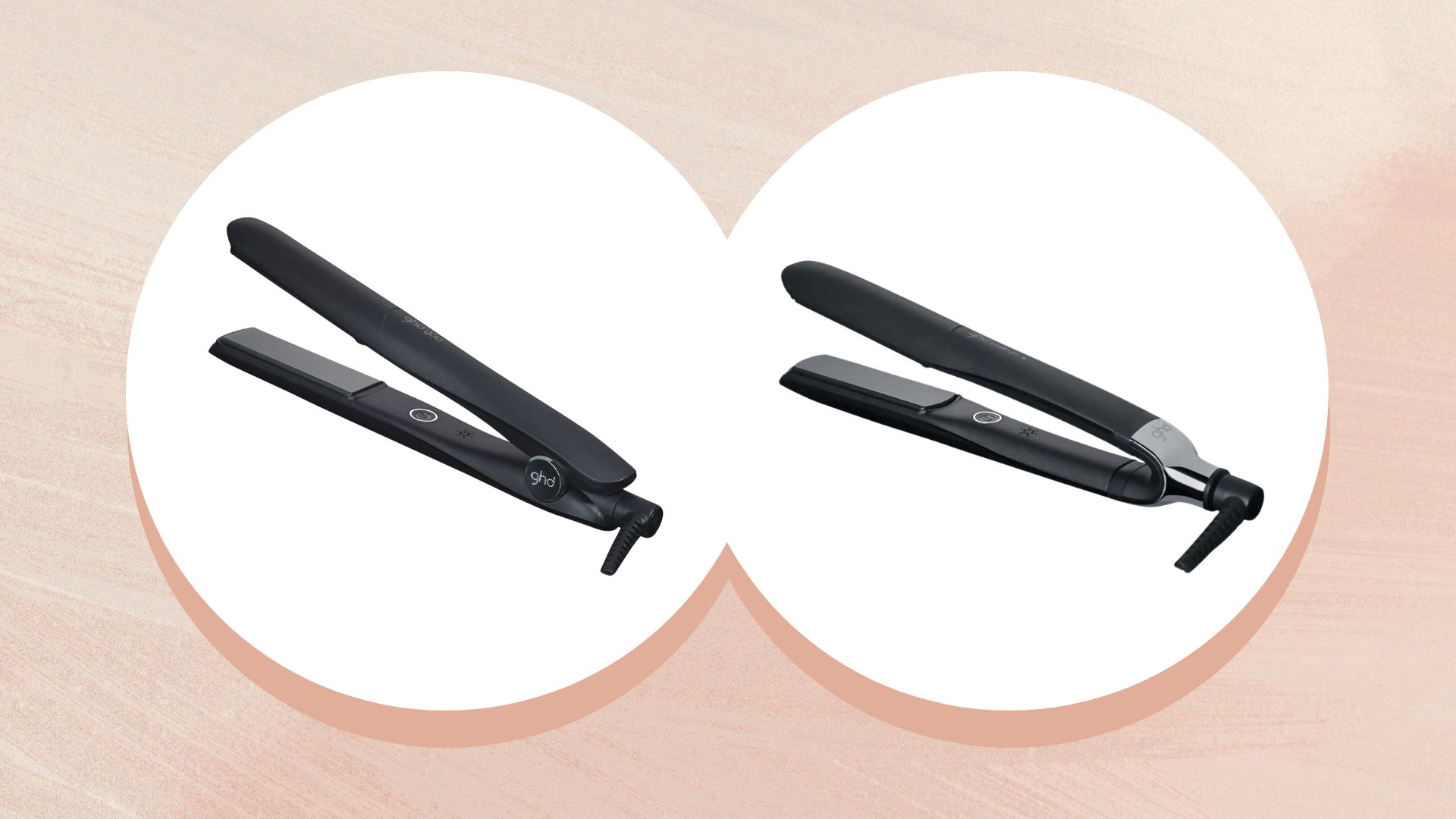ghd Gold and ghd Platinum on a brushed peach background
