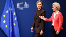 European Commission President Ursula von der Leyen (R) welcomes Iceland's Prime Minister Kristrun Mjoll Frostadottir at the European Commission In Brussels