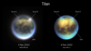 On the left, the James Webb Space Telescope Nov. 4, 2022, observations of Titan; on the right, Keck Observatory's view two days later.