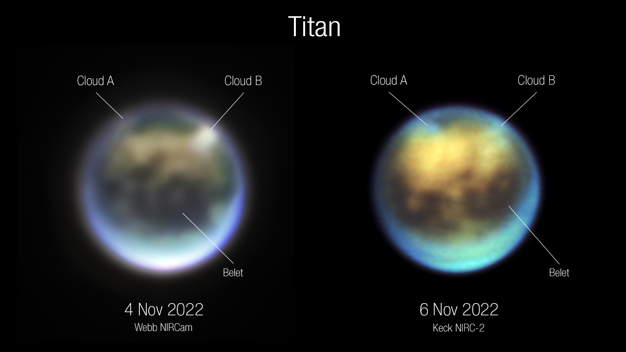 On the left, the James Webb Space Telescope Nov. 4, 2022, observations of Titan; on the right, Keck Observatory's view two days later.