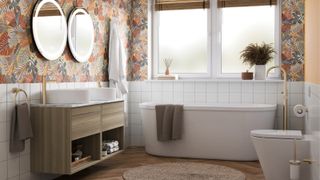 bathroom with bath, vanity unit, toilet, double sinks and two mirrors