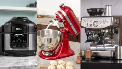 A few of the best Cyber Week deals at QVC: a Ninja cooker; a KitchenAid stand mixer; and a Breville coffee maker.