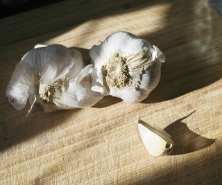 Two garlic cloves from a store on a wooden kitchen board