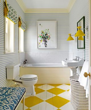 Bathroom with yellow and white checked painted floor