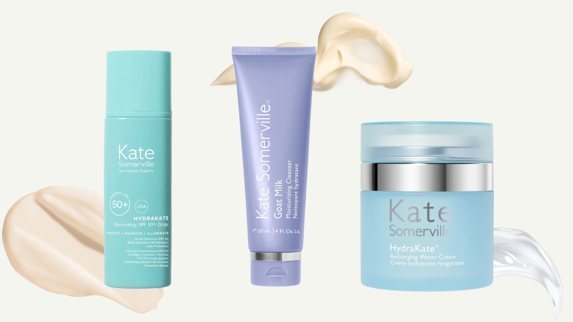 A collage of Kate Somerville skincare, including the Kate Summerville HydraKate Illuminating SPF 50+ Drops, the Kate Somerville Goat Milk cleanser and HydraKate cream, all featured on a cream template with moisturiser and cream swatches