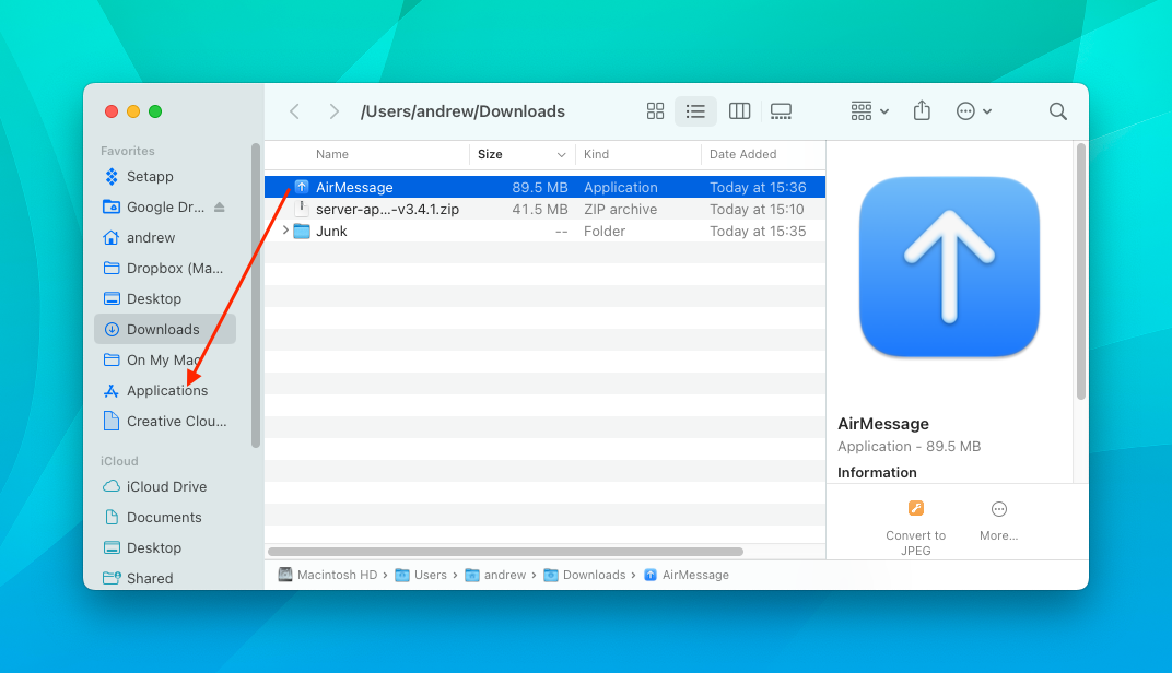 Drag AirMessage Server app to Applications folder on Mac