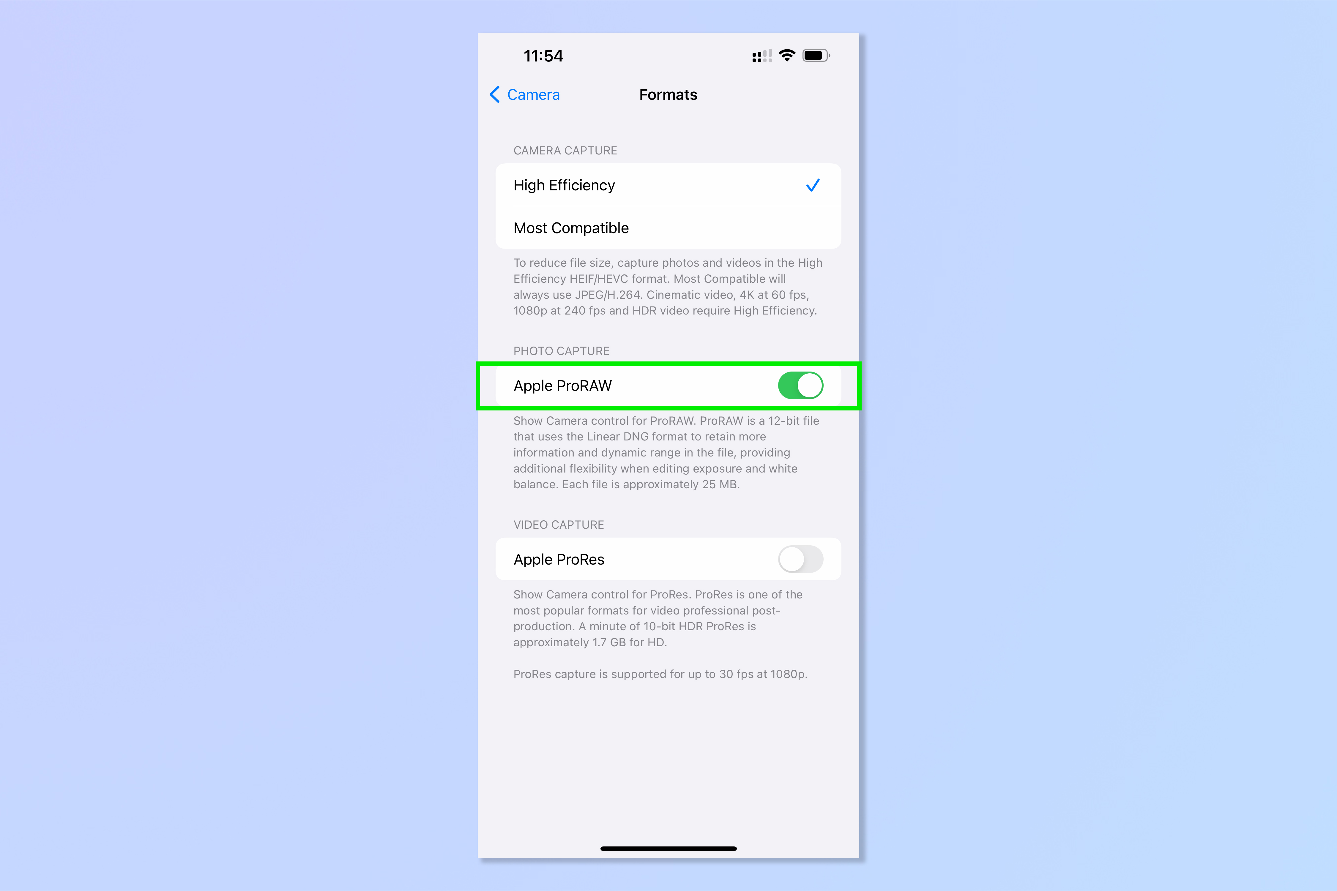 A screenshot showing the steps required to enable Apple ProRAW format on the iPhone camera
