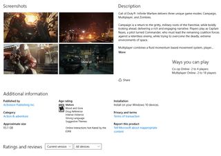 The Windows Store page for Call of Duty: Infinite Warfare, without the Modern Warfare remaster.