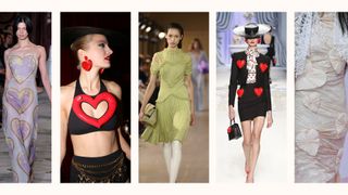 models wearing heart motifs by Moschino, Acne Studios, Victoria Beckham, Paul & Joe