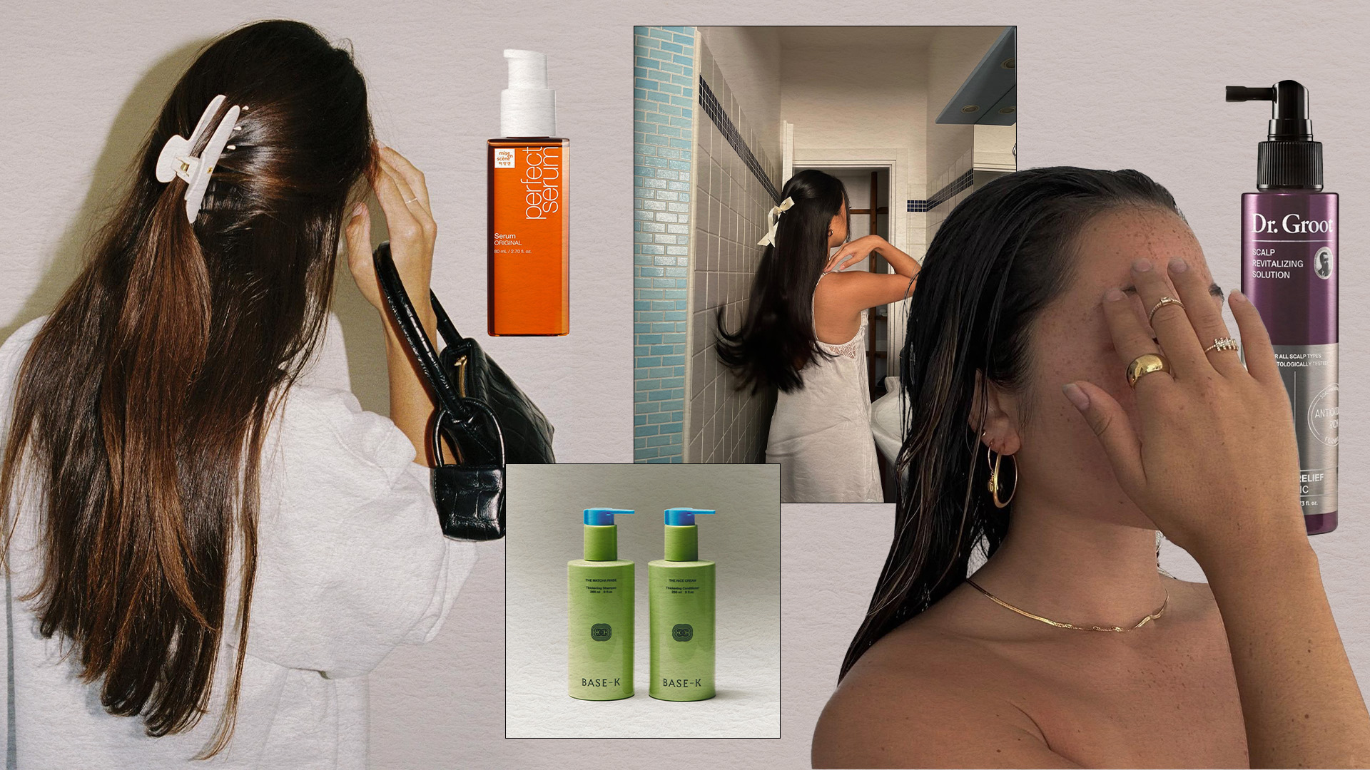 Collage of women with long, healthy hair and Korean haircare products.