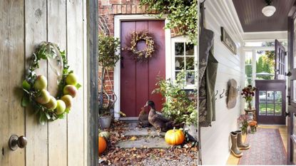 Fall porch ideas: a wreath, a front door with pumpkins, inside a screen porch