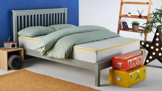 Best Mattress 2022: Image shows the Nectar Memory Foam Mattress placed on a wooden bed frame and dressed with a green duvet and pillows in a stylish bedroom