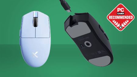 An Mchose G3 V2 Pro and Razer Viper V4 Pro gaming mouse on a green background with a PC Gamer Recommended label on the top right.