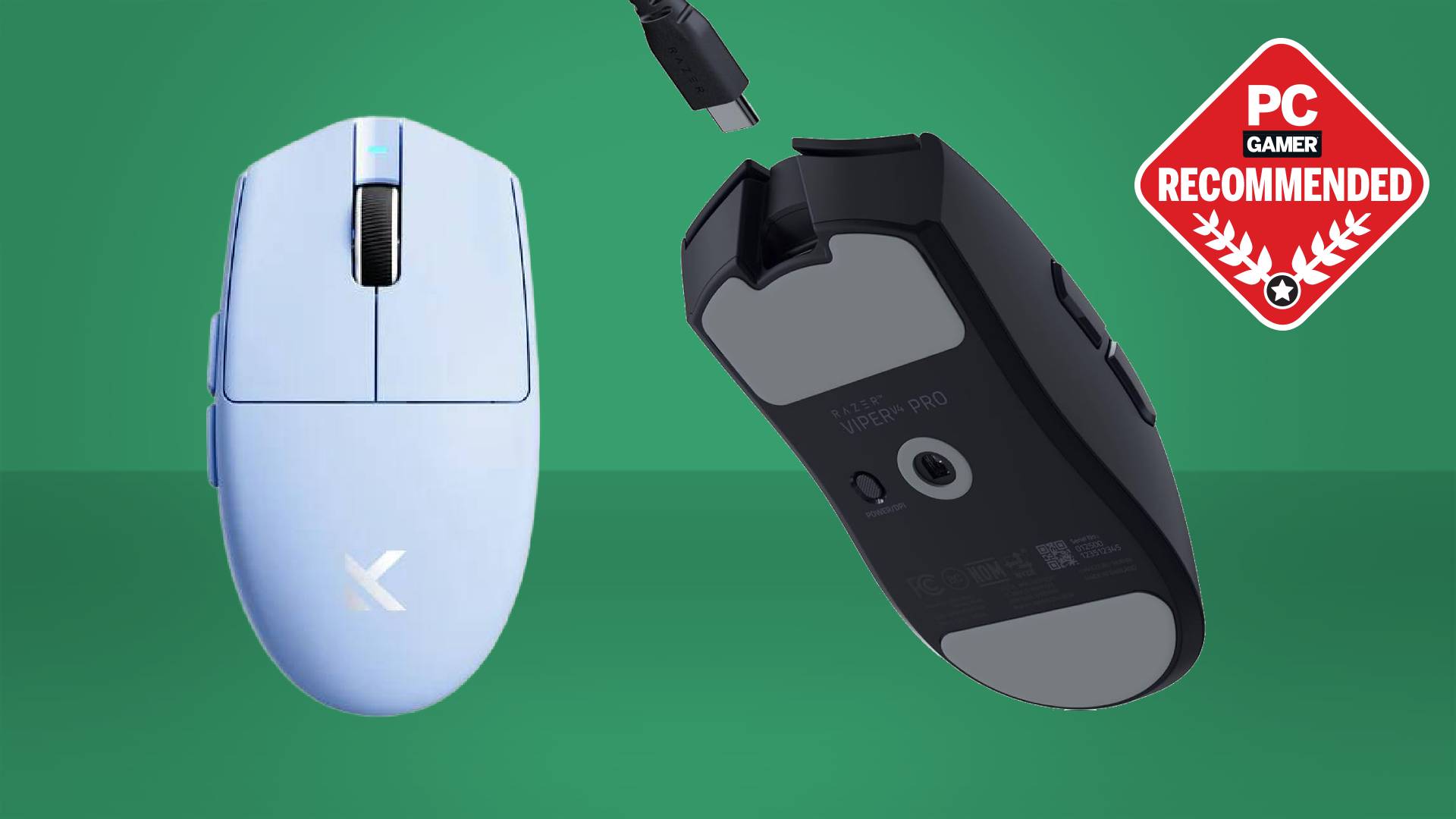 An Mchose G3 V2 Pro and Razer Viper V4 Pro gaming mouse on a green background with a PC Gamer Recommended label on the top right.