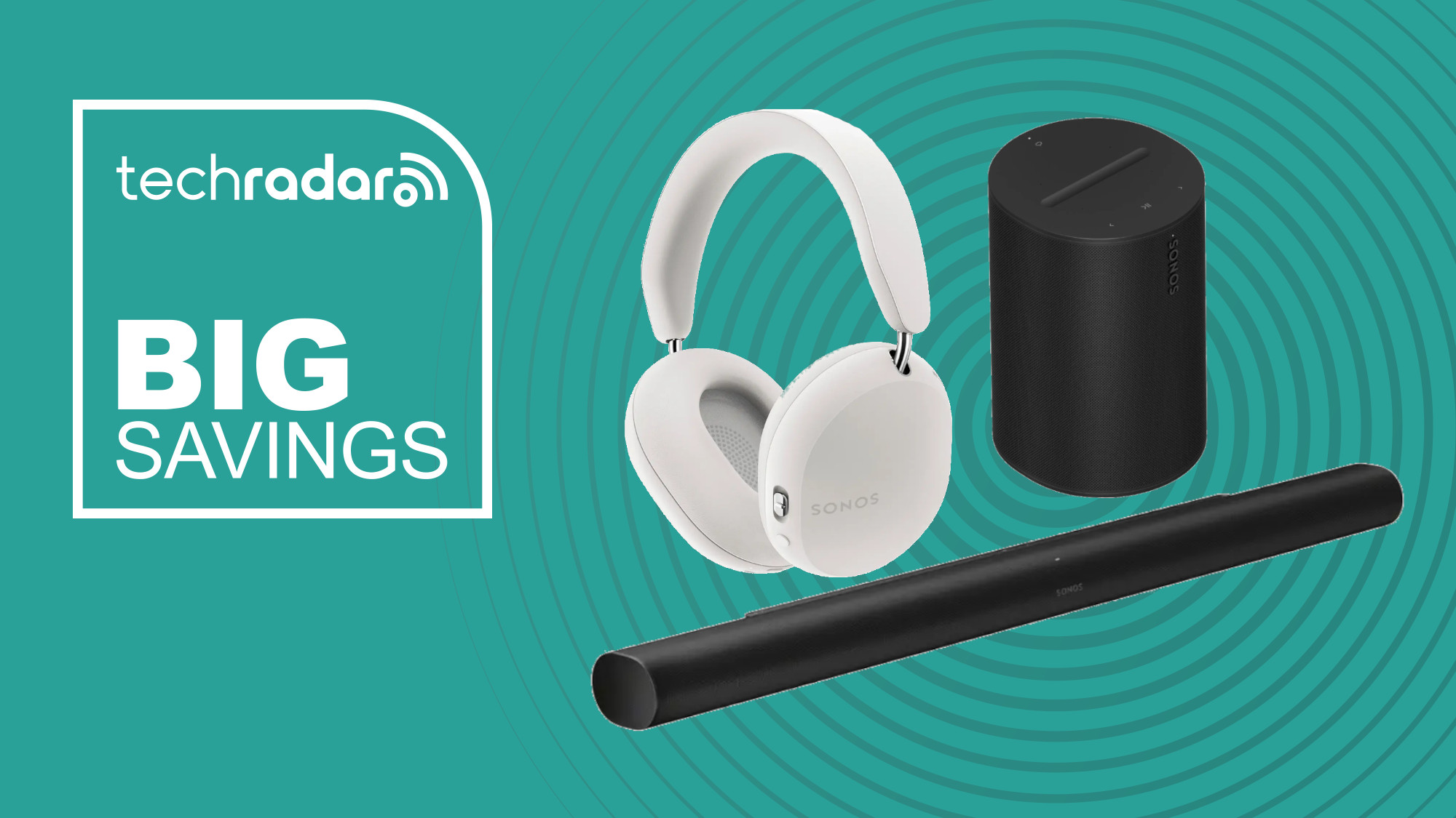 Collage of a Sonos speaker, soundbar and headphones on a green background