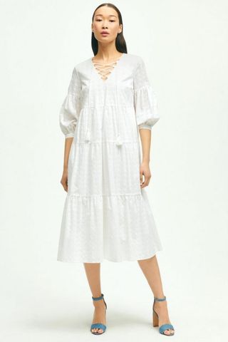 Brooks Brothers Cotton Tiered Eyelet Tie Neck Dress