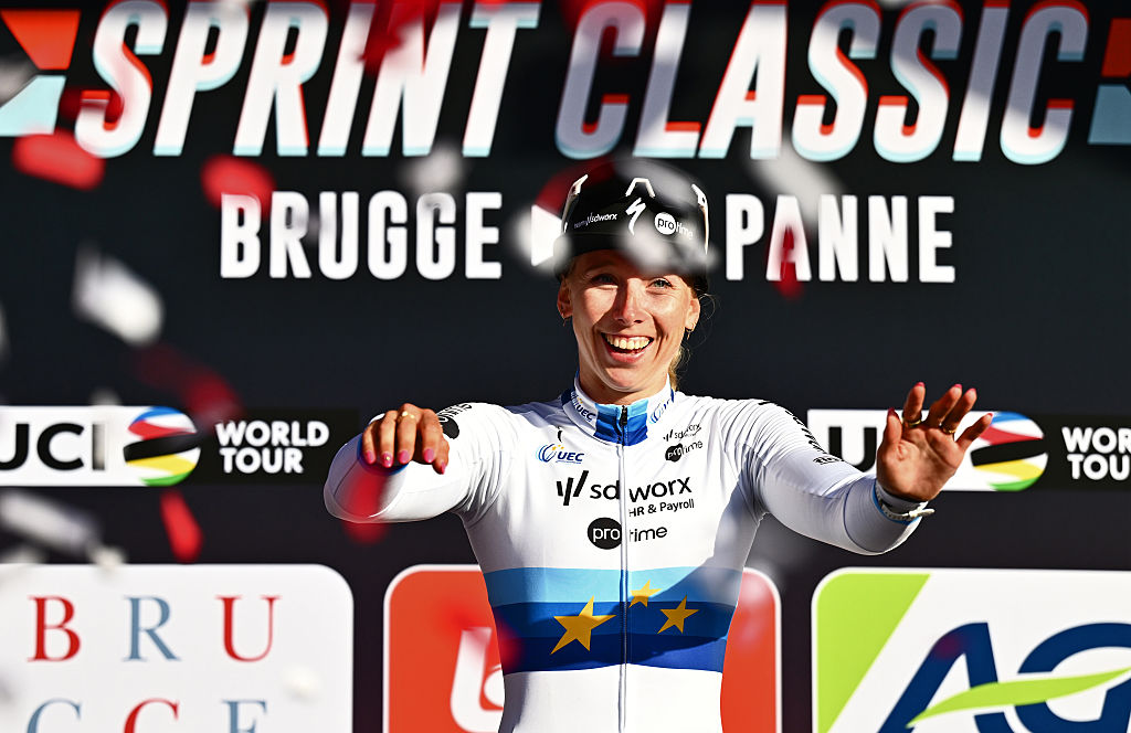 DE PANNE, BELGIUM - MARCH 27: Lorena Wiebes of Netherlands and Team SD Worx - Protime celebrates at podium as race winner during the 8th Women&amp;apos;s Classic Brugge-De Panne 2025 a 152.7km one day race from Brugge to De Panne / #UCIWT / on March 27, 2025 in De Panne, Belgium. (Photo by Luc Claessen/Getty Images)