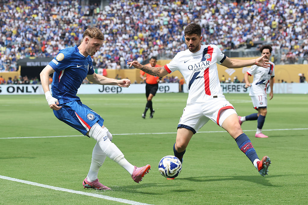 Cole Palmer and Lucas Beraldo battle for the ball in the 2025 FIFA Club World Cup final