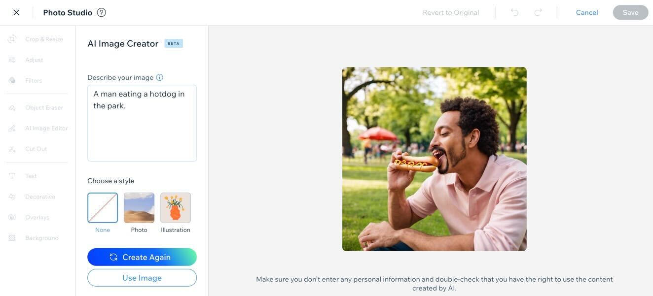Captura de pantalla del generador de imágenes Wix ai utilizado para crear una imagen de un hombre comiendo un hot dog en el parque.
