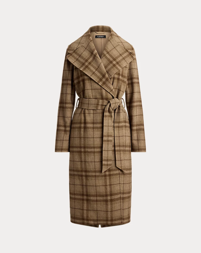 Plaid Wool Blend Twill Wrap Coat