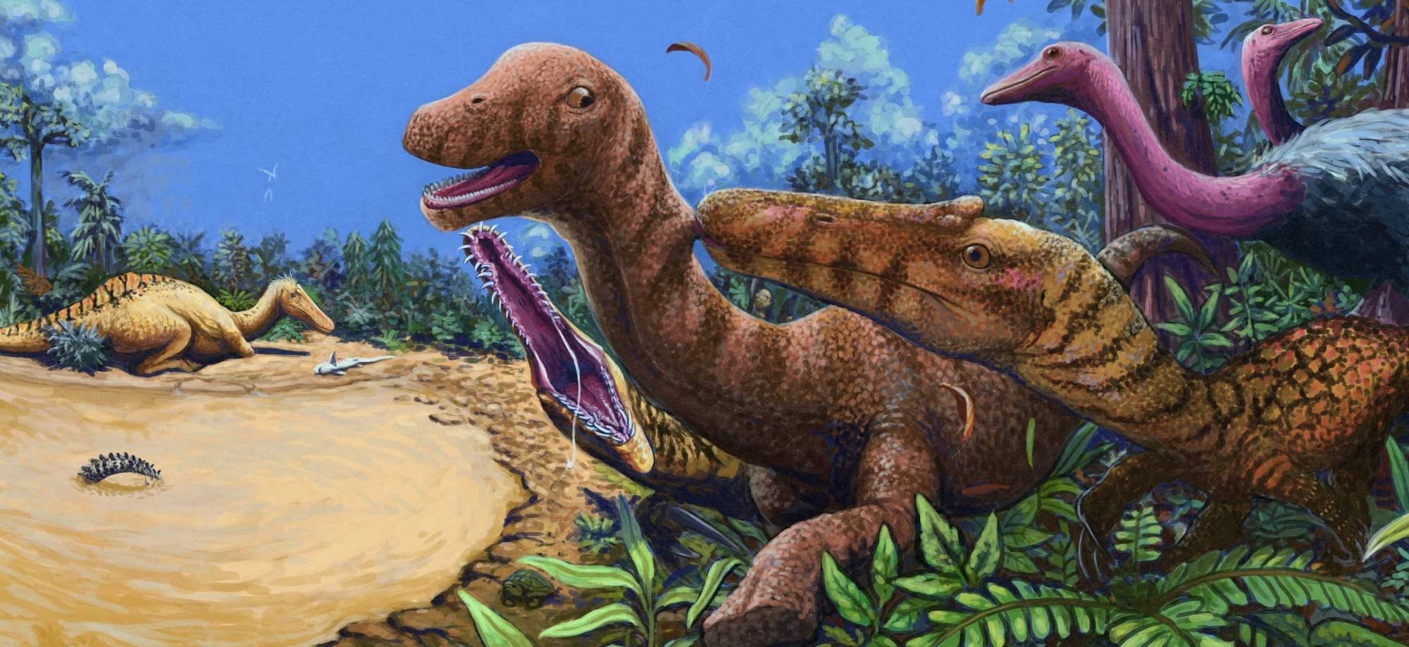 An illustration of two young spinosaurids hunting a juvenile Phuwiangosaurus in Cretaceous Thailand. A large adult spinosaurid rests in the background beside a body of water, while two feathered Kinnareemimus are depicted by the trees on the right.