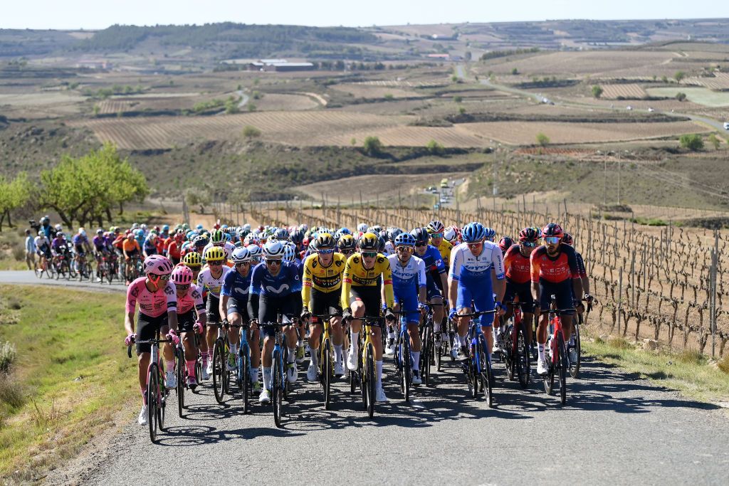 LABASTIDA SPAIN APRIL 03 LR Andrey Amador of Costa Rica Jhoan Esteban Chaves Rubio of Colombia and Team EF Education Easypost Gorka Izaguirre of Spain Jorge Arcas of Spain and Movistar Team Rohan Dennis of Australia Gijs Leemreize of The Netherlands and Team Jumbo Visma Matteo Sobrero of Italy Christopher JuulJensen of Denmark and Team Jayco AlUla Egan Bernal of Colombia and Team INEOS Grenadiers and the peloton compete during the 2nd Itzulia Basque Country Stage 1 a 1654km stage from VitoriaGasteiz to Labastida 527m Itzulia2023 on April 03 2023 in Labastida Spain Photo by David RamosGetty Images
